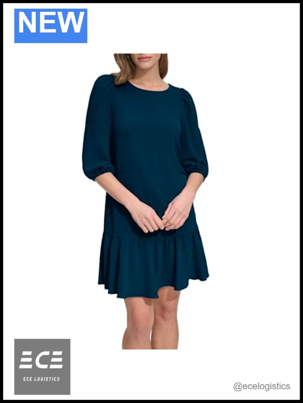 DKNY Flowy 3/4 Balloon Sleeve Ruffle Hem Casual Dress